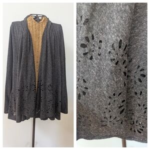 Meadow Rue Gray Cardigan with Intricate Floral Cutouts